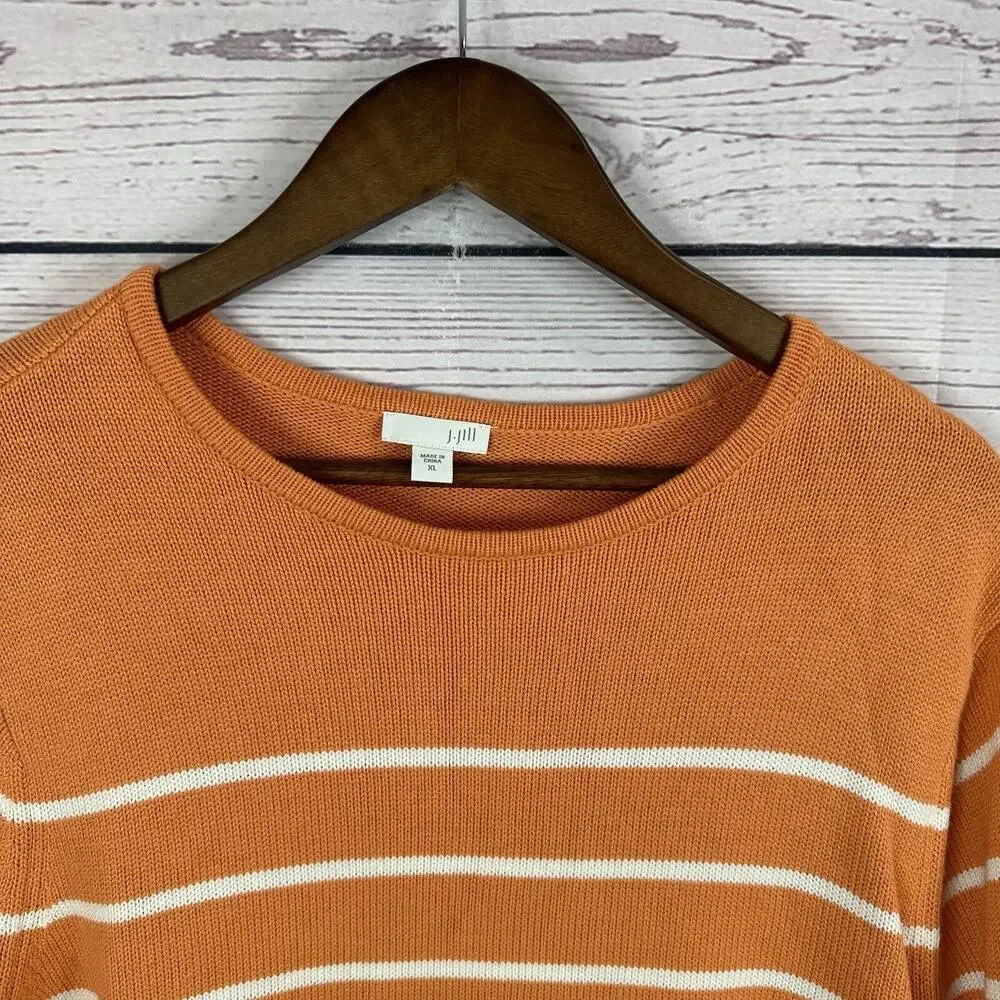 J Jill Sweater Womens XL Orange Striped Knit Boxy‎ Ties Casual Lagenlook Stretch